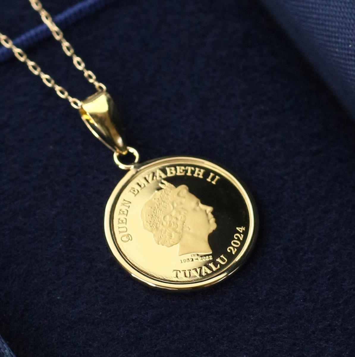 K24エリザベスホース1/25ozコインネックレス純金ツバルコイン馬リバーシブル地金ネックレスK18イエローゴールドアズキチェーンペンダント【店頭受取可能商品】