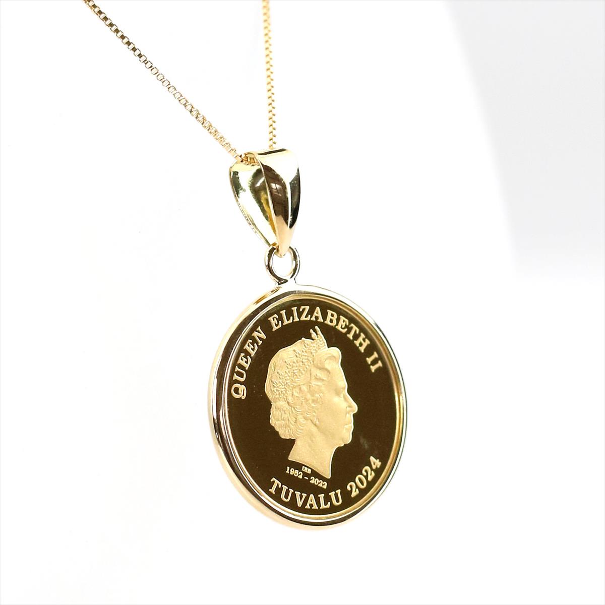 K24 エリザベス ホース 1/25oz  純金 コイン ネックレス  K18 ベネチアンチェーン 45cm ツバルコイン 馬 リバーシブル 地金 ネックレス K18 イエローゴールド  ペンダント 2024【DJW25】【店頭受取可能商品】